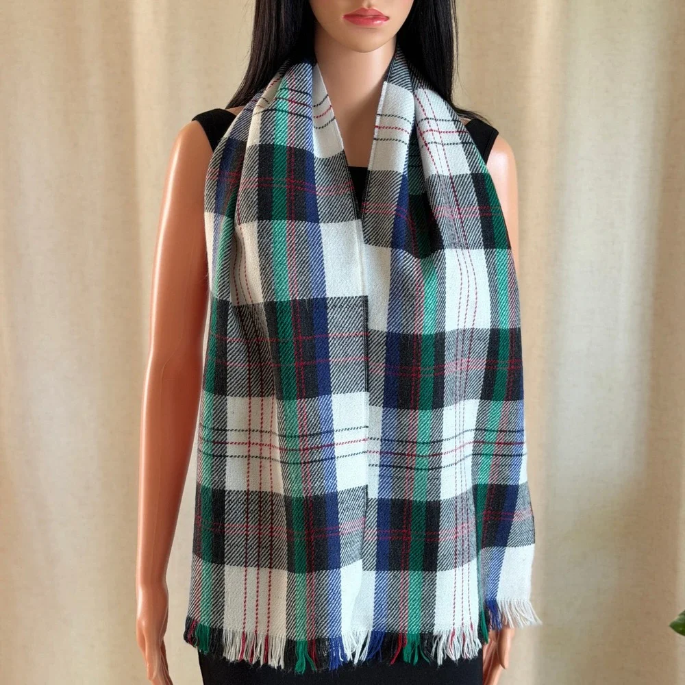 Vtg 90s Plaid Scarf White Green Navy Red Tartan Fringed Winter Wrap Heritage